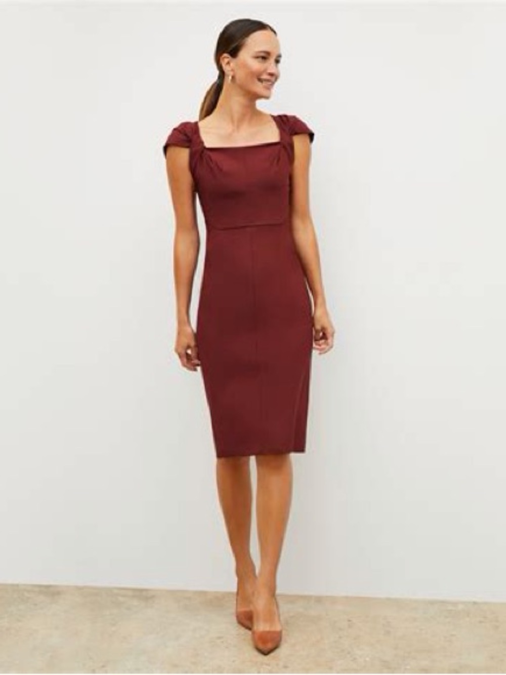 MM Lafleur Burgundy Square-Neck Sheath Dress with Sleeve Ties